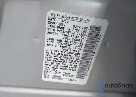 2012 Nissan Murano Le z USA, uszkodzony, nr VIN JN8AZ1MW9CW226624